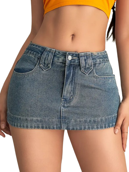 Mid-Rise Vintage-Inspired Washed Blue Denim Mini Skirt